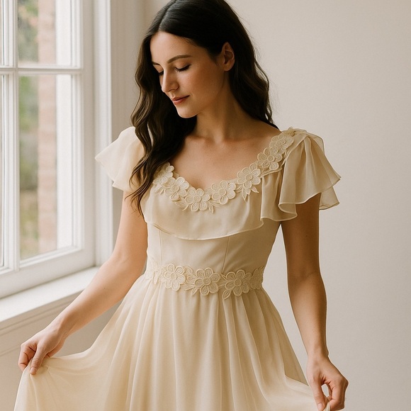 Vintage 1970s Prairie Wedding Gown – Organza Ruffles, Daisy Floral Appliqué - Picture 2 of 15